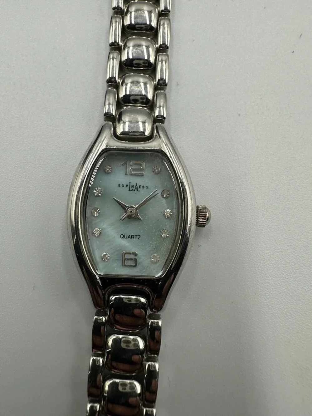 3/$30 LA Express Watch Women Silver Tone Blue Mother Of Pearl Dial 6.5